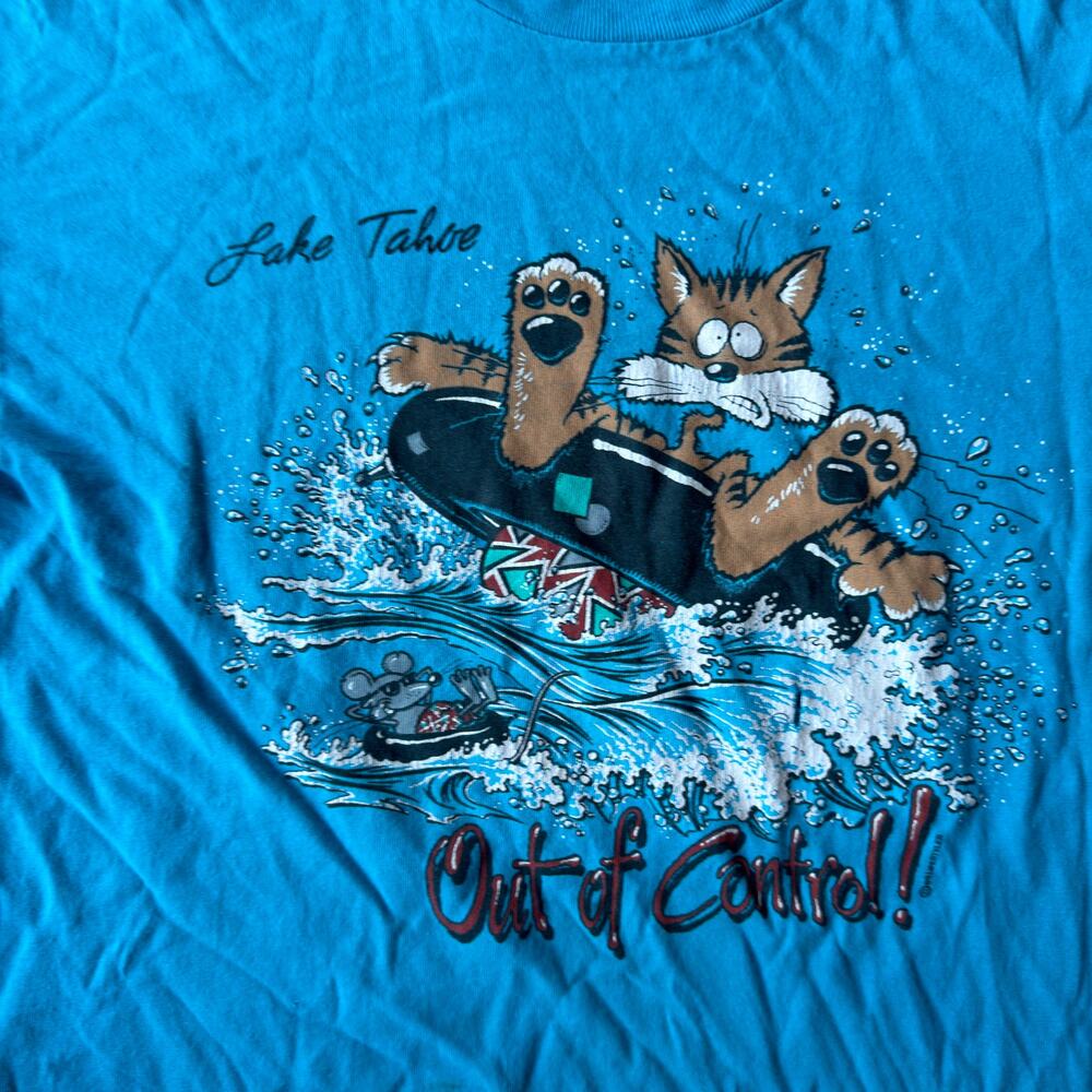 VINTAGE 90S FUNNY LAKE TAHOE CAT T-SHIRT DOUBLE SIDED GRAPHIC MENS LARGE